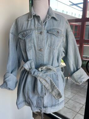 Warehouse Light Blue Denim Jacket with Waist Tie